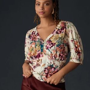 Anthropologie Cream Floral Blouse – Size XL